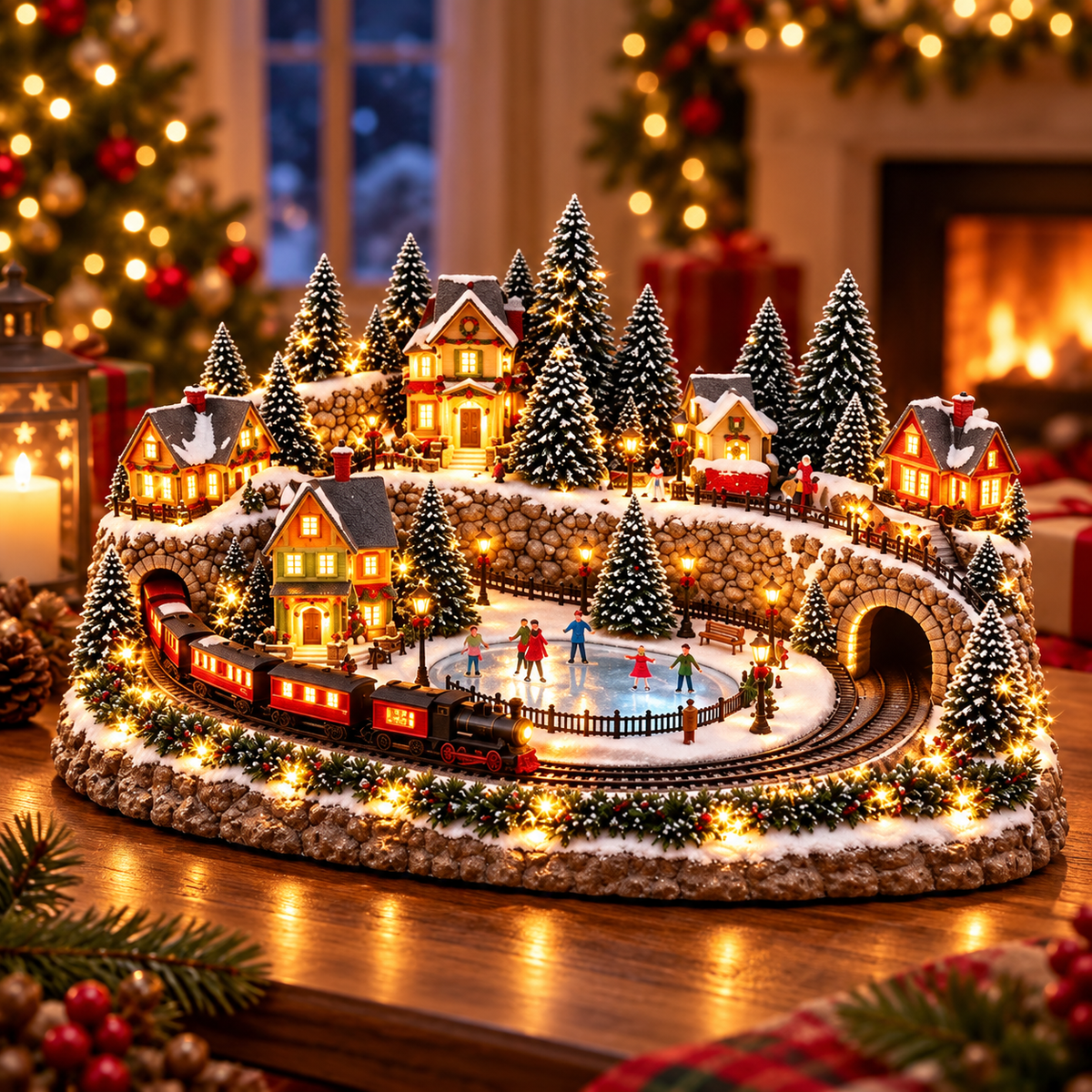 Animated Holiday Train & Ice Rink Scene