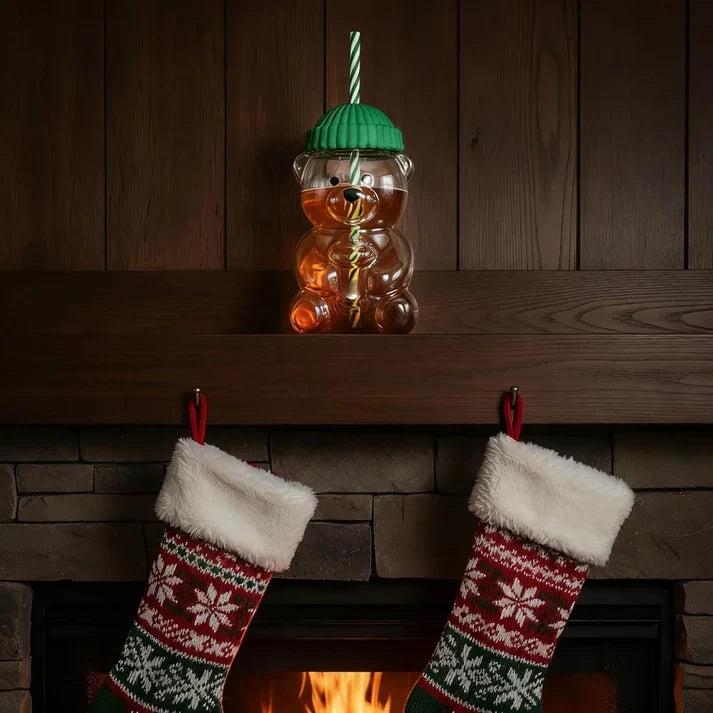 Bear Glass Cup with Straw