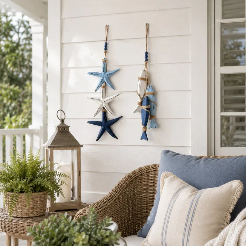 Lighted Coastal Wooden Starfish & Fish Hanging Decor