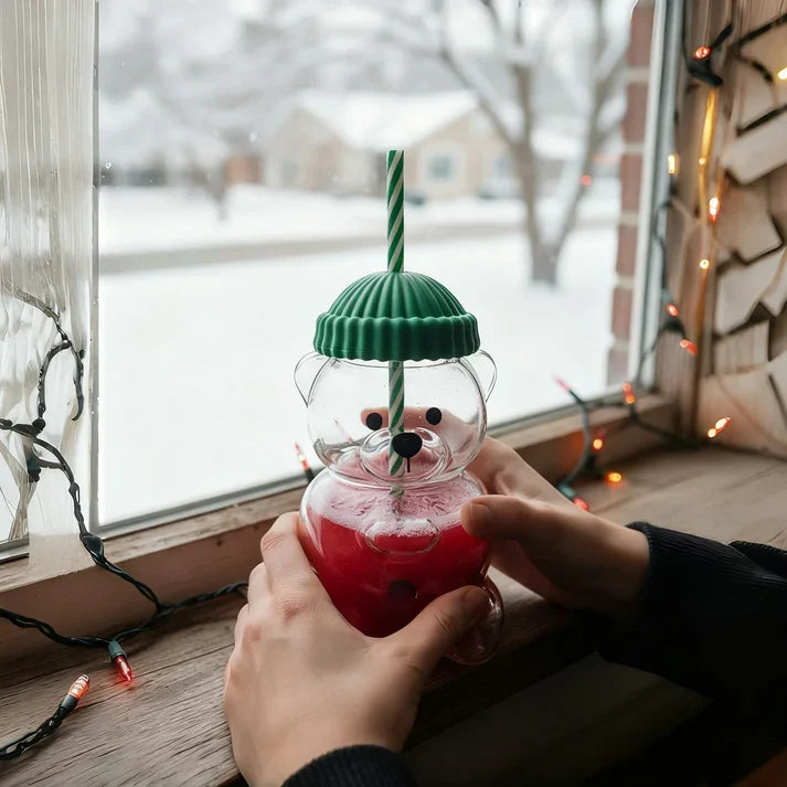 Bear Glass Cup with Straw