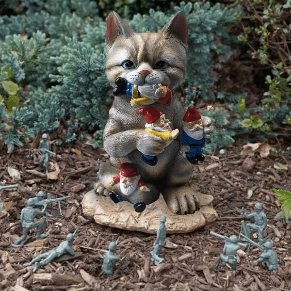 Cat Eating Gnomes Statue