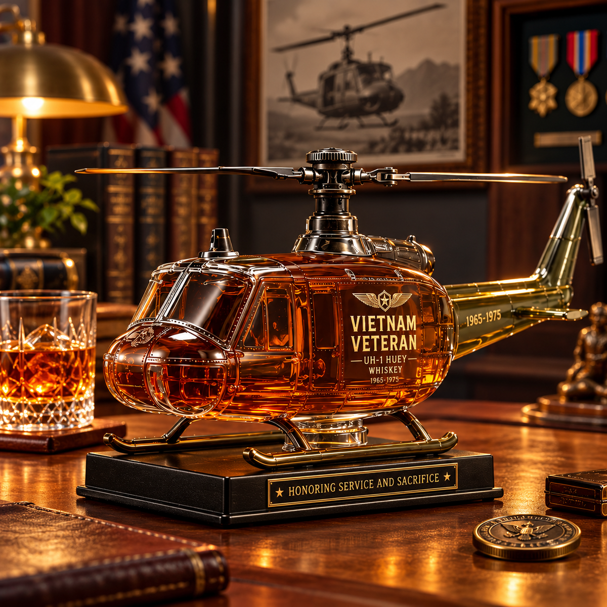 Vietnam Veteran UH-1 Huey Helicopter 1965-1975 Whiskey Bottle