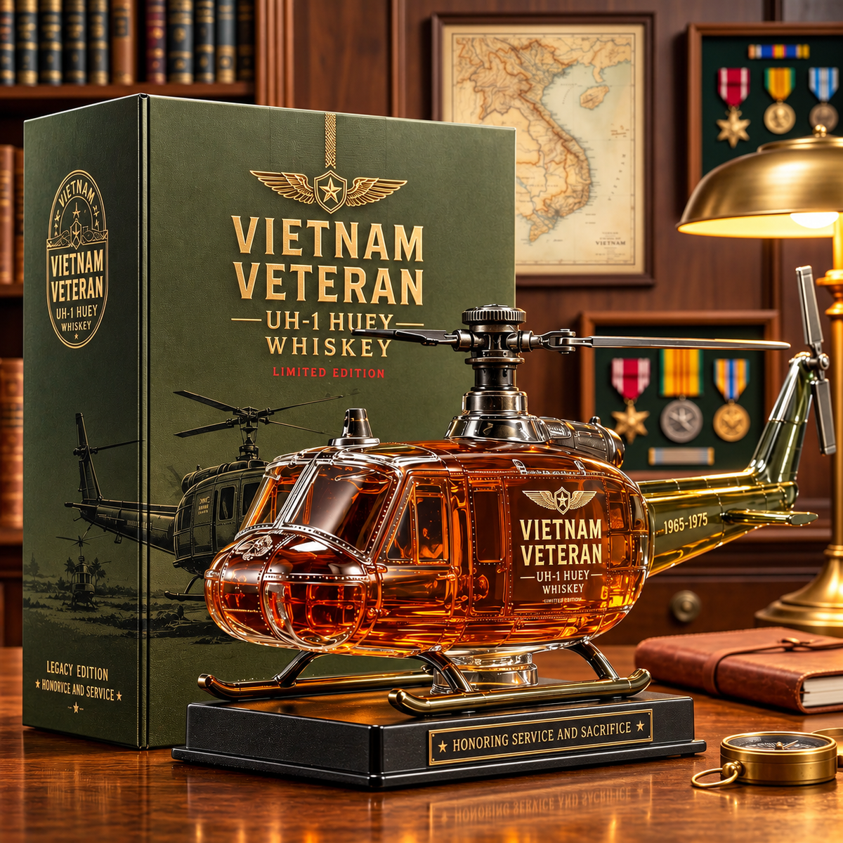 Vietnam Veteran UH-1 Huey Helicopter 1965-1975 Whiskey Bottle
