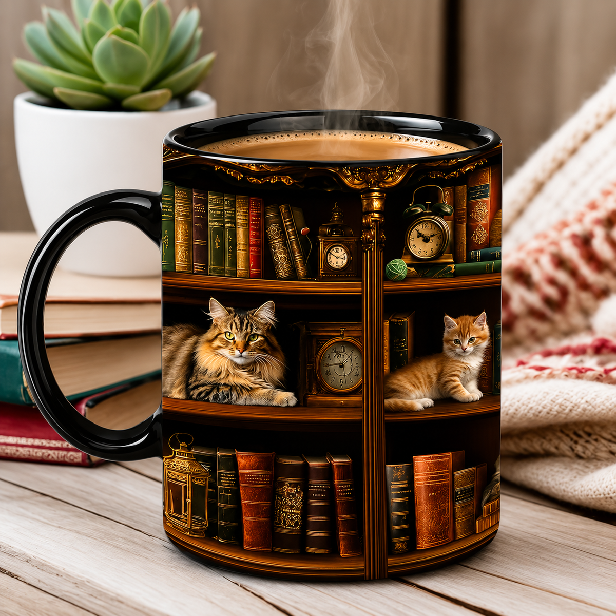 "Library Cats & Vintage Books" Ceramic Mug