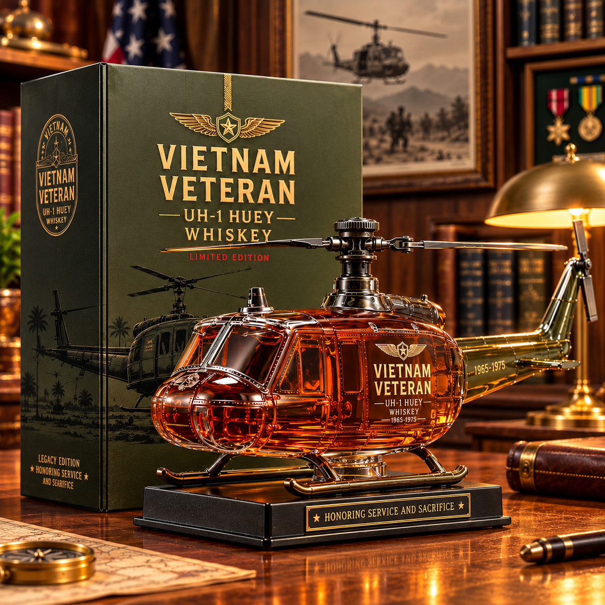 Vietnam Veteran UH-1 Huey Helicopter 1965-1975 Whiskey Bottle