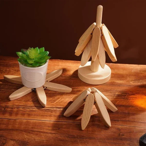 Natural Tree Trivet Set - 4 bamboo Trivets & 1 Stand