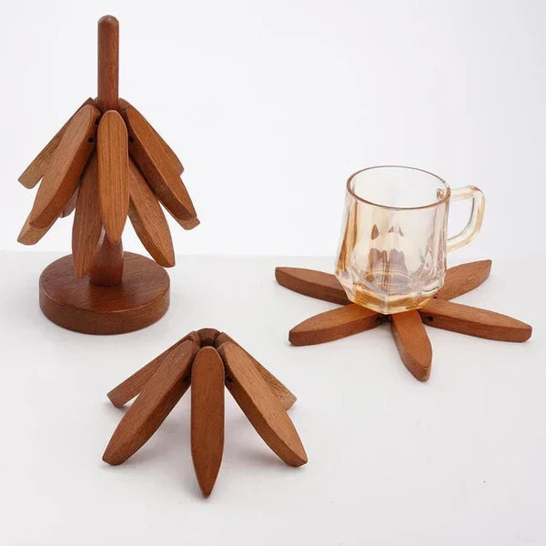 Natural Tree Trivet Set - 4 bamboo Trivets & 1 Stand