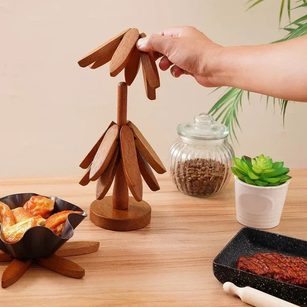 Natural Tree Trivet Set - 4 bamboo Trivets & 1 Stand