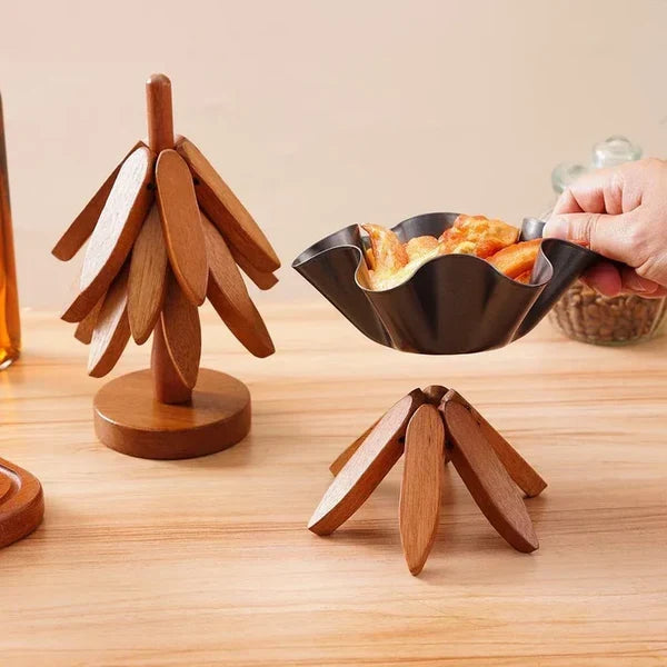 Natural Tree Trivet Set - 4 bamboo Trivets & 1 Stand